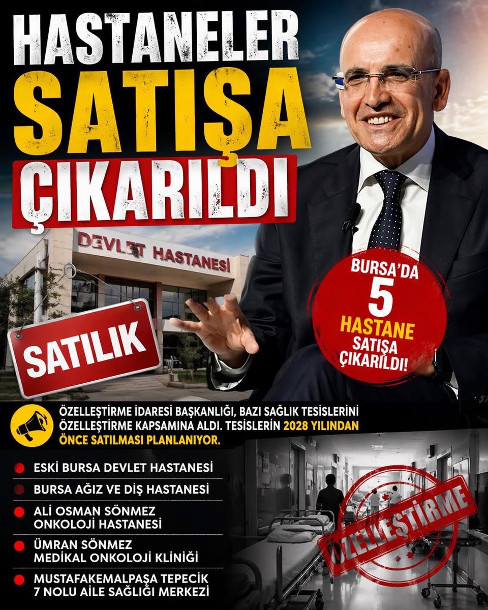 TCebr3448's tweet image. 📌Bursa’da 5 hastane satış listesine alınmış.

Sağlıkta çağ atladık' derken meğer Sağlığı satışa çıkardık' demek istemişler.

2028’e kadar hastalanacaksanız elinizi çabuk tutun, sonra müşteri temsilcisine bağlanmak zorunda kalabilirsiniz. 🏥📉
 #Bursa #Sağlık #Özelleştirme