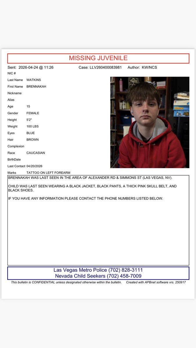 NVChildSeekers's tweet image. 🚨MISSINGJUVENILE 🚨

BRENNAKAH WAS LAST SEEN IN THE AREA OF ALEXANDER &amp;amp; SIMMONS (LAS VEGAS, NV)

LAST SEEN WEARING A BLACK JACKET, BLACK PANTS, PINK SKULL BELT, &amp;amp; BLACK SHOES 

IF YOU HAVE ANY INFO  PLEASE CONTACT LVMPD 702-828-3111

#nvchildseekers #MissingChild #missingperson