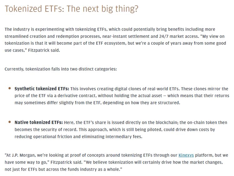 NateGeraci's tweet photo. *JP Morgan* says "looking at proof of concepts around tokenizing ETFs"...

"We believe tokenization will certainly drive how the market changes, not just for ETFs but across the funds industry as a whole." https://t.co/rpwk2HqHHC