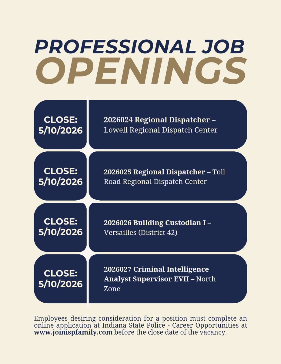 IndStatePolice's tweet photo. 🚨NOW HIRING | Indiana State Police🚨

Looking to join our team? Apply now for these professional staff openings!

#JoinISPFamily #ISPCareers #NowHiring #IndianaStatePolice https://t.co/5NHkkoXtre