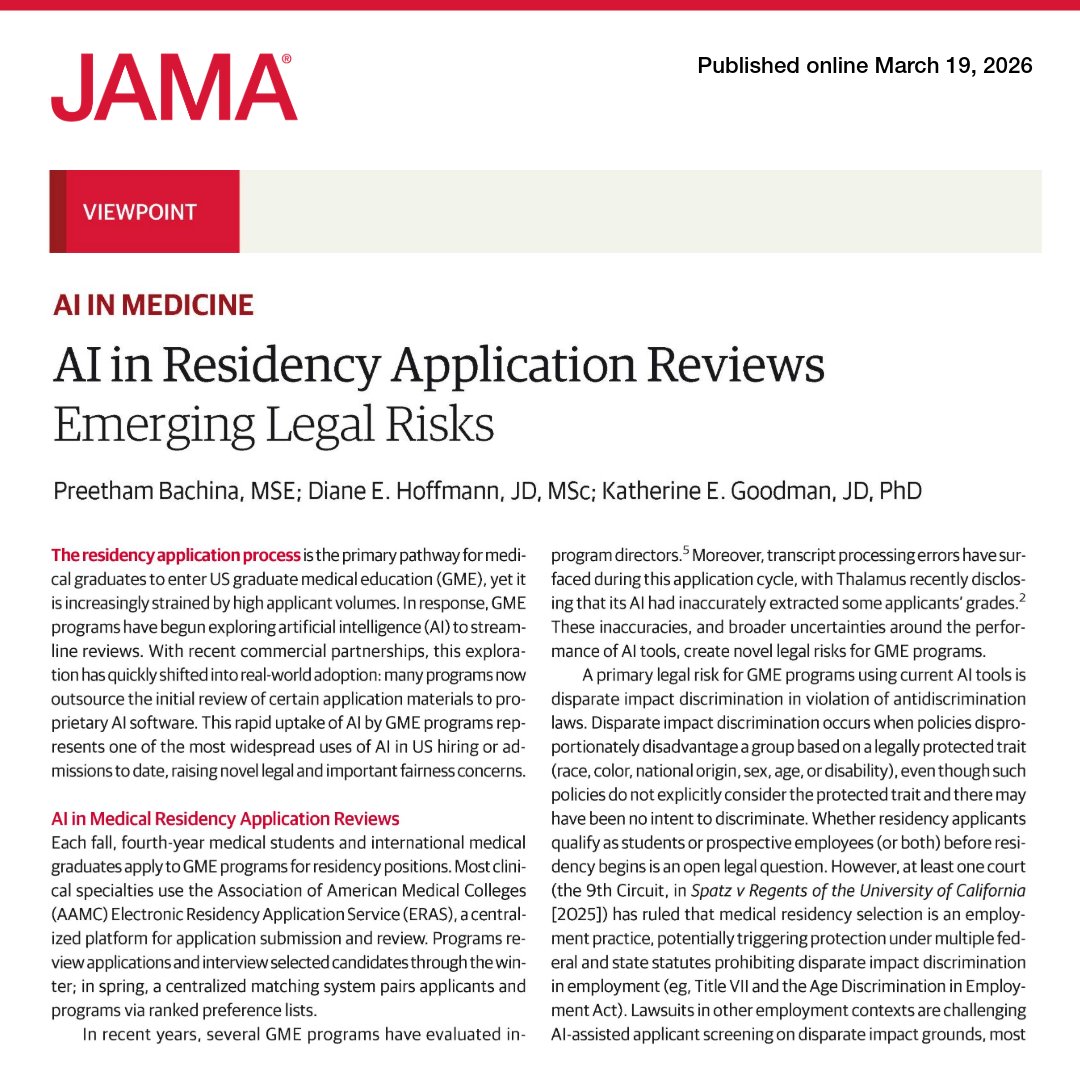 JAMA_current's tweet image. 💬 Viewpoint: The widespread use of #AI for residency application screening in US graduate medical education programs introduces new legal and ethical concerns, particularly regarding disparate impact discrimination and unvalidated subgroup performance. 

ja.ma/3QrOKPX