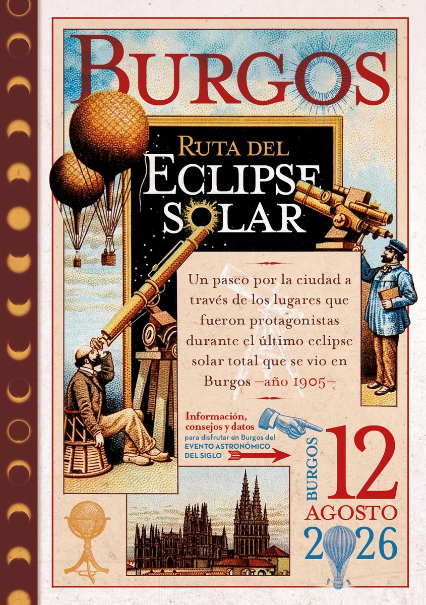 Bea_sda's tweet photo. Más de 120 años después, el 12 de agosto de 2026 en torno a las 20:29 h , Burgos volverá a vivir otro eclipse total y tenemos este folleto tan chulo que recrea una ruta por los lugares que tuvieron importancia en aquel 1905 y que podéis descargar aquí https://t.co/iQdirrUTpu https://t.co/fk1QSeHUwR