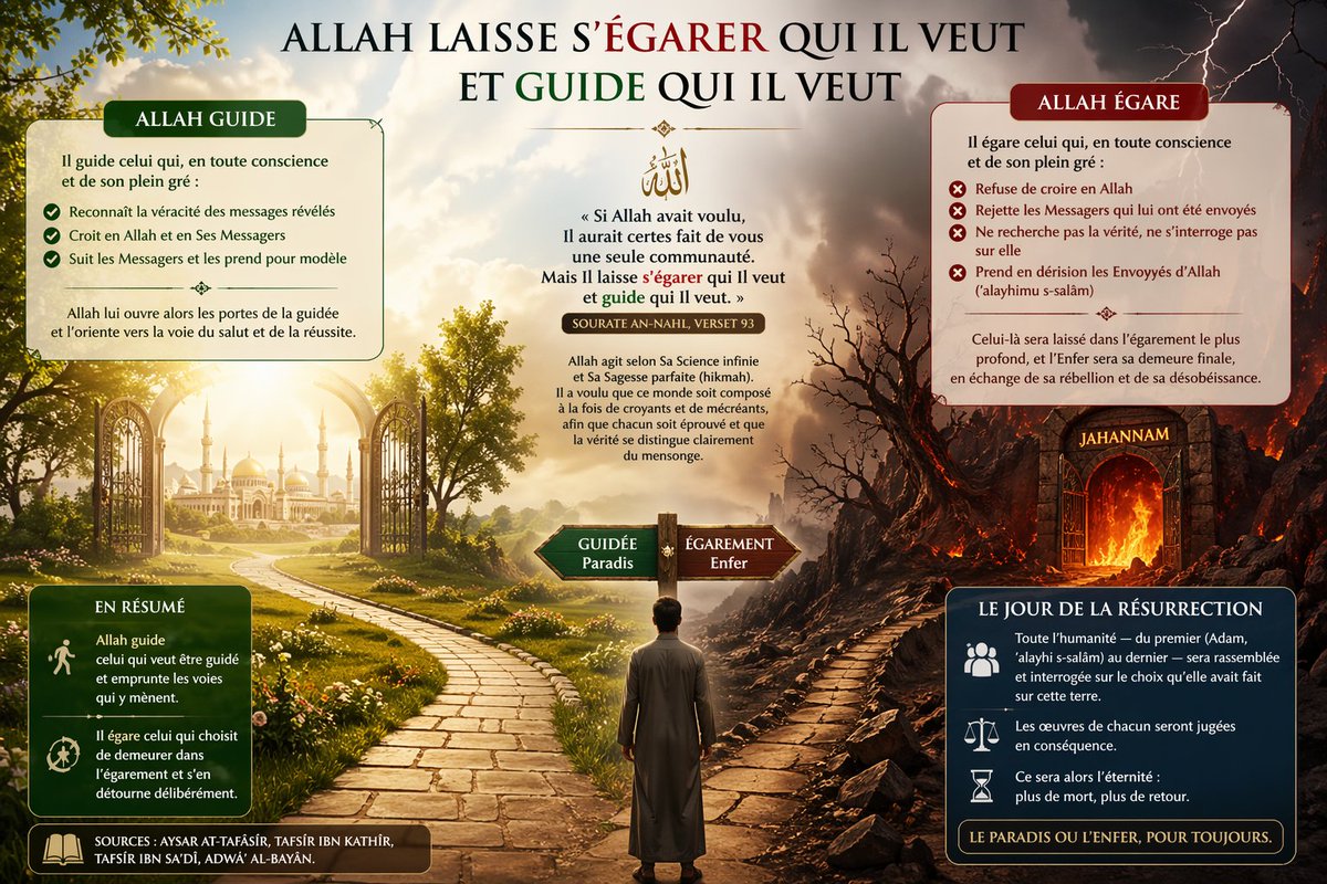 SoleilBlancTN's tweet photo. Définition du sens : "Allah laisse s'égarer qui Il veut et guide qui Il veut"

Beaucoup ont mal compris cette phrase, croyant qu'Allah guide et égare de manière arbitraire, ce qui supprimerait tout libre arbitre. Le texte qui suit explique le vrai sens.

« Si Allah avait voulu, Il aurait certes fait de vous une seule communauté. Mais Il laisse s'égarer qui Il veut et guide qui Il veut. »

Sourate An-Nahl, Verset 93

Dans ce verset, Allah Ta'âlâ nous informe que s'Il l'avait voulu, Il aurait rassemblé toute l'humanité sur une seule et unique voie : celle de l'obéissance et de la soumission à Ses commandements. La terre n'aurait alors été composée que de musulmans, unis autour de l'adoration du Seigneur des univers.

Mais Allah en a décidé autrement, selon Sa Science infinie et Sa Sagesse parfaite. Il a voulu que ce monde soit composé à la fois de croyants et de mécréants, afin que chacun soit éprouvé et que la vérité se distingue clairement du mensonge.

Qui est guidé ? Qui est égaré ?

Allah guide celui qui, en toute conscience et de son plein gré, reconnaît la véracité des messages révélés, croit en Allah et en Ses Messagers, les suit et les prend pour modèle. Allah lui ouvre alors les portes de la guidée et l'oriente vers la voie du salut et de la réussite.

Allah égare celui qui, en toute conscience et de son plein gré, refuse de croire en Allah, rejette les Messagers qui lui ont été envoyés, ne recherche pas la vérité, ne s'interroge pas sur elle, et prend en dérision les Envoyés d'Allah ('alayhimu s-salâm).

Celui-là sera laissé dans l'égarement le plus profond, et l'Enfer sera sa demeure finale, en échange de sa rébellion et de sa désobéissance.

En résumé, Allah guide celui qui veut être guidé et emprunte les voies qui y mènent. Il égare celui qui choisit de demeurer dans l'égarement et s'en détourne délibérément.

En ce Jour, toute l'humanité du premier (Adam, 'alayhi s-salâm) au dernier sera rassemblée et interrogée sur le choix qu'elle avait fait sur cette terre. Les œuvres de chacun seront jugées en conséquence.

Ce sera alors l'éternité, plus de mort, plus de retour. Le Paradis ou l'Enfer, pour toujours.

📚 Voir Aysar at-Tafâsîr, Tafsîr Ibn Kathîr, Tafsîr Ibn Sa'dî, Adwâ' al-Bayân.
