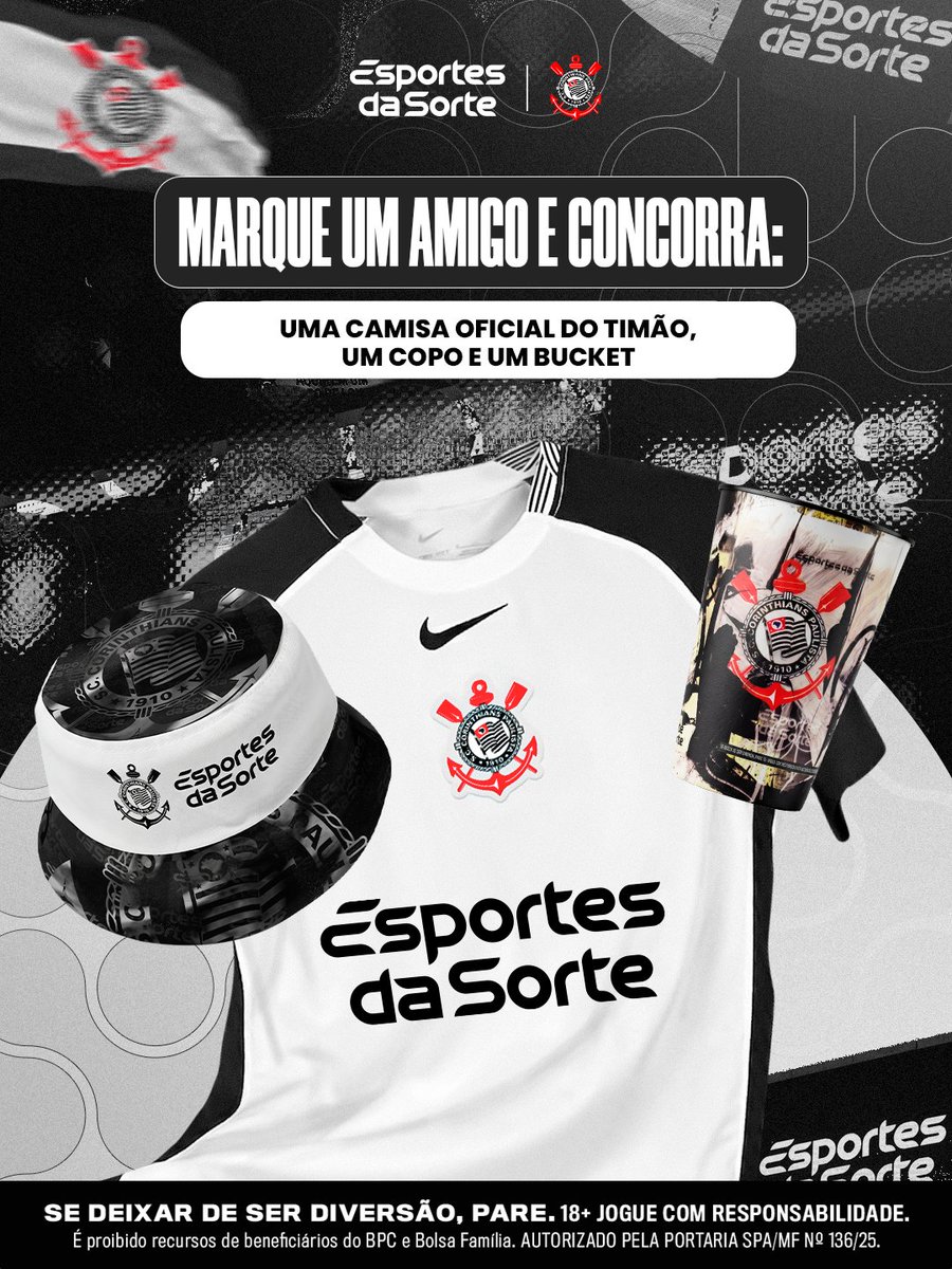 🦅 CONCURSO CULTURAL CORINTHIANS + ESPORTES DA SORTE 🦅

O Esportes da Sorte vai presentear 2 (dois) torcedores do Timão, cada um com: 1 (um) kit de produtos oficiais do Corinthians. Estarão inclusos: uma camisa oficial, um copo e um bucket.

Para participar é fácil e gratuito: