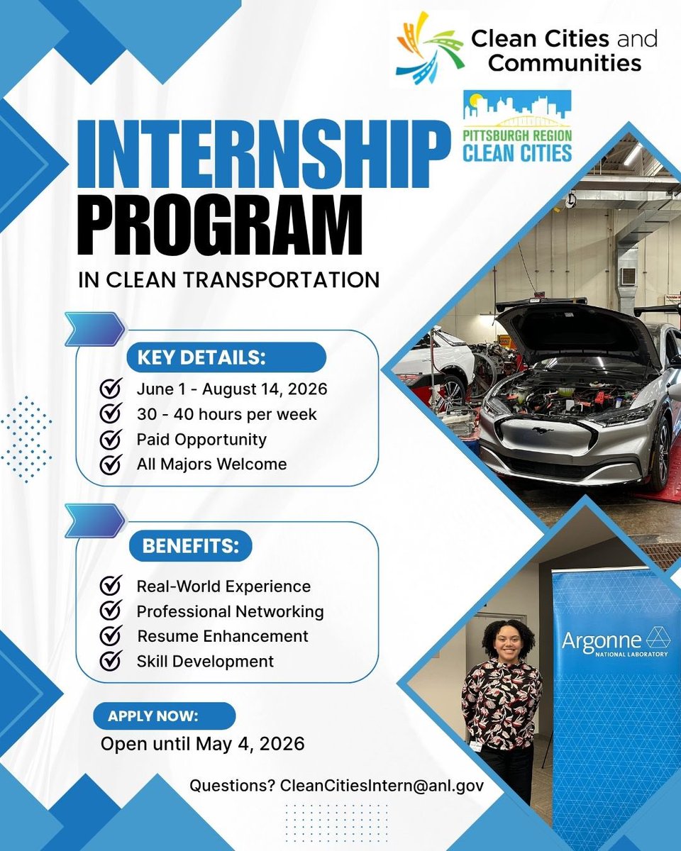 PghCleanCities's tweet photo. Start Your Career in Clean Transportation!

PRCC is looking for a Pittsburgh-based Summer 2026 Intern through the Accelerate Internship funded by the U.S. DOE!
 Apply by May 4, 2026!
https://t.co/aFiKk8uVxV

#PRCC https://t.co/c2WNqWpaGF
