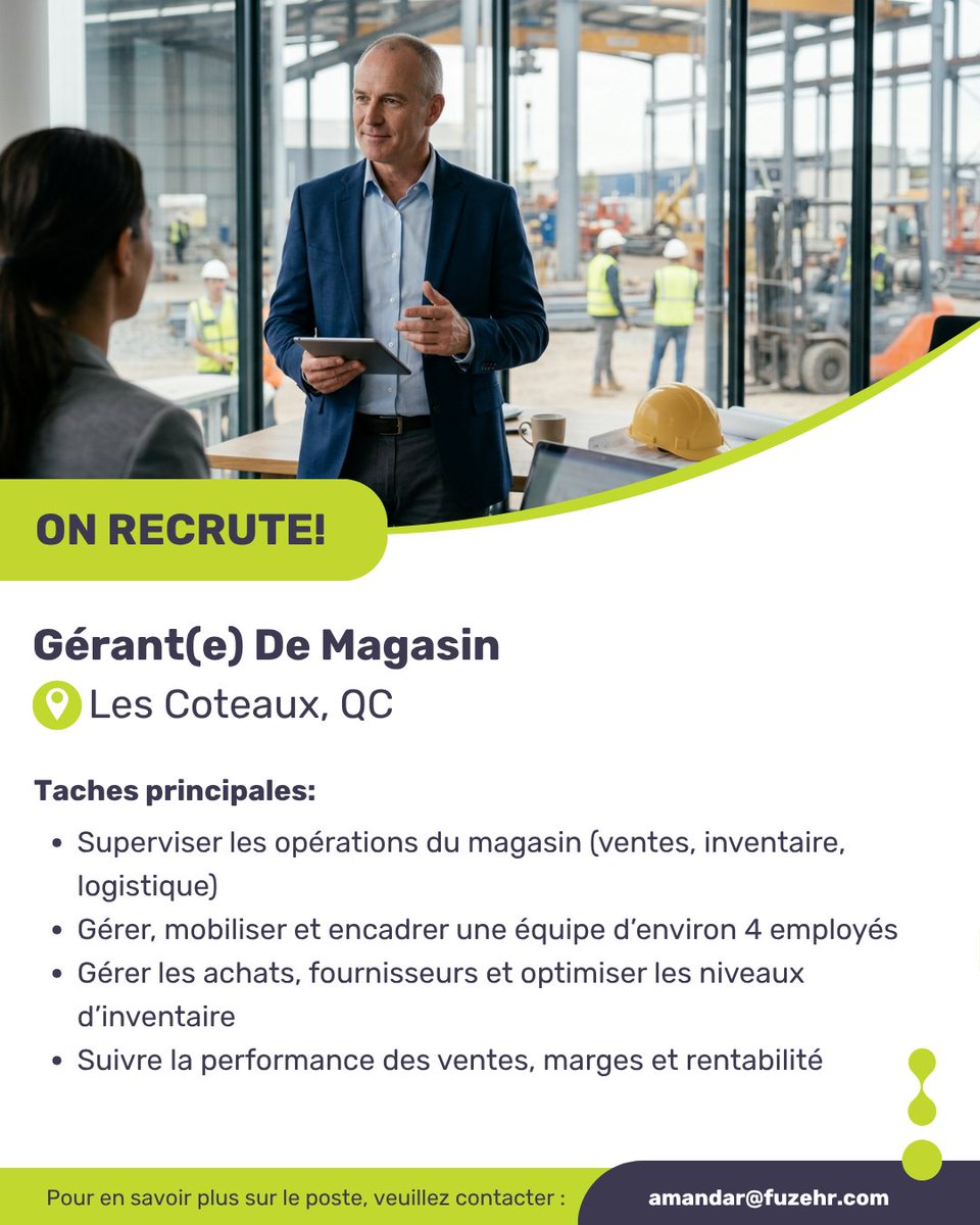 FuzeHR's tweet image. Nous recrutons ! Gérant(e) de succursale – Construction / Métal – Les Coteaux, QC

En savoir plus sur le poste: ow.ly/e0bp50YKC6u

#GérantDeSuccursale #Construction #Métal #EmploiQC #LesCoteaux #FuzeHR #Gestion #Carrière #LesCoteaux #Quebec