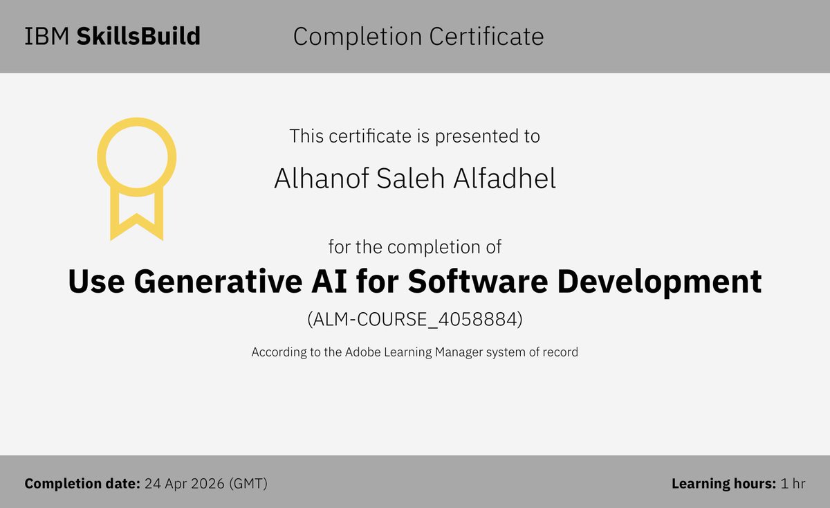 progfof's tweet photo. سعيدة لقبولي واتمامي معسكر #AI_ERA_NEON 
وبشهادة من @IBM شكرًا @EduNeonSA متحمسين للقادم🫡🔥🔥 https://t.co/YRUlCMsDos