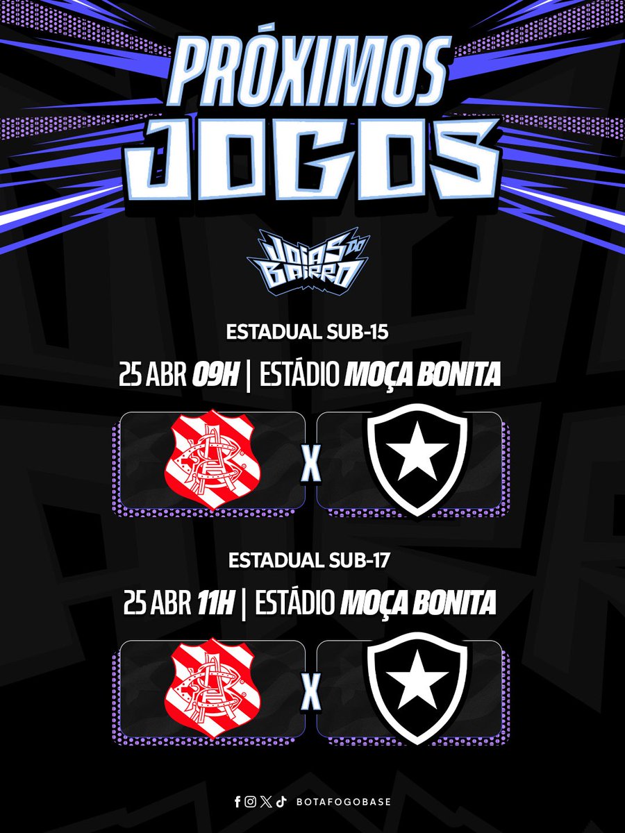 Próximos jogos! ⚔️

As #JoiasDoBairro encaram o Bangu neste sábado (25), a partir das 9h, em Moça Bonita, pelo Campeonato Estadual Sub-15 e Sub-17. Pra cima, Crias! 💪🔥
