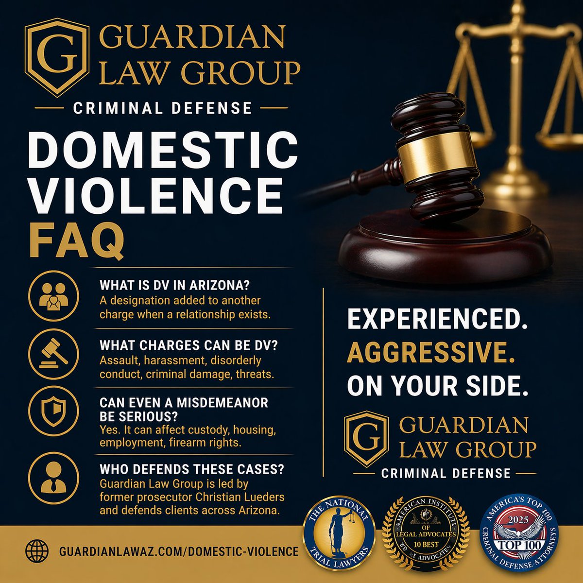 GuardianLawAZ's tweet photo. Arizona Domestic Violence FAQ: DV is often a case designation added to charges like assault, harassment, disorderly conduct, or criminal damage when a qualifying relationship exists. 

Guardian Law Group can help.
https://t.co/tTAa7IU8P0 https://t.co/Wsa6zbVAbp
