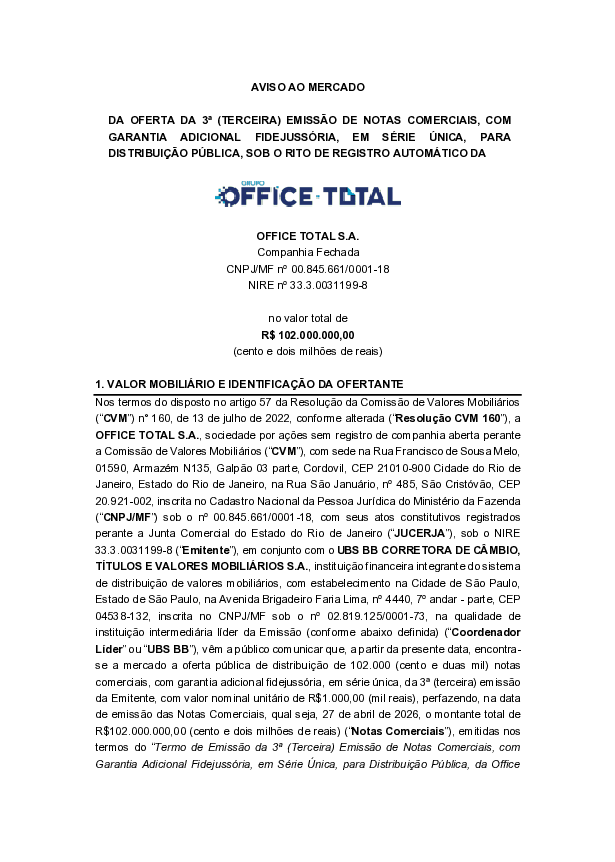 mytrader_io's tweet photo. OFFICE T (OFTS) - Aviso ao Mercado - 17/04/26 
 
 *Fonte: https://t.co/XiOcBWxVdN https://t.co/thpZw4EyOc