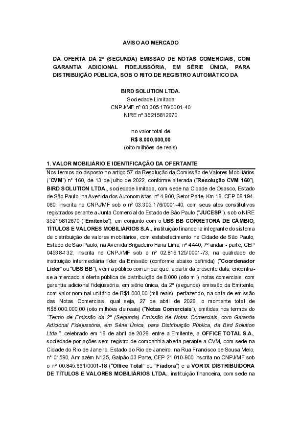 mytrader_io's tweet photo. BIRD (BISO) - Aviso ao Mercado - 17/04/26 
 
 *Fonte: https://t.co/AmQHjNW8rQ https://t.co/pJKDE8NGSk