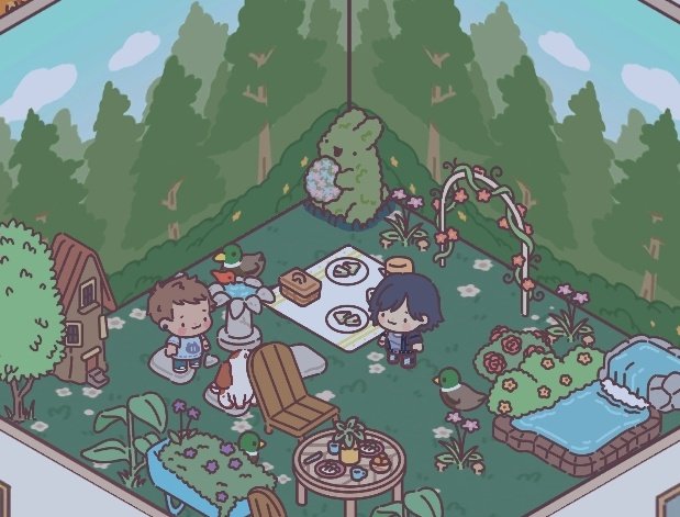 Gerard y Frank con un perrito en el jardín