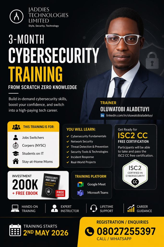 iamthobb's tweet photo. 🚀Ready to switch careers, upskill, or break into tech with confidence? 

This is your opportunity to learn Cybersecurity from scratch— no prior experience required.

#Cybersecurity #EthicalHacking #TechCareer #CareerSwitch #LearnCybersecurity #ISC2 #NYSC #WomenInTech #Digital https://t.co/mdeLGD5mGZ