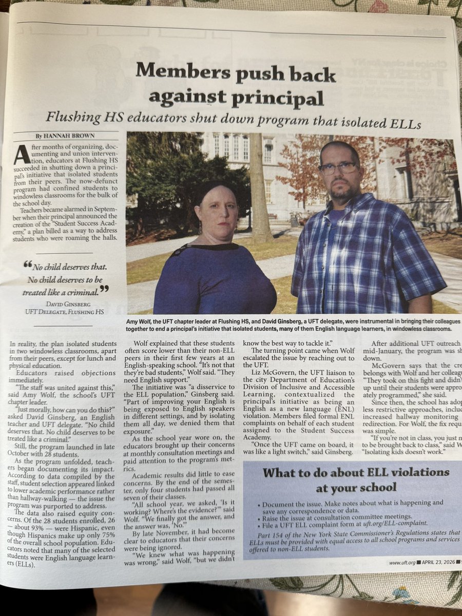 nycdoenuts's tweet image. Love the organizing. 

Says here that a holding room initiative for hall walkers was  “…a disservice to the ELL population” 

Yet those were the kids who never went to class &amp;amp; walked the hall. 

ONLY the #UFT can say getting kids into a class is a disservice to them.