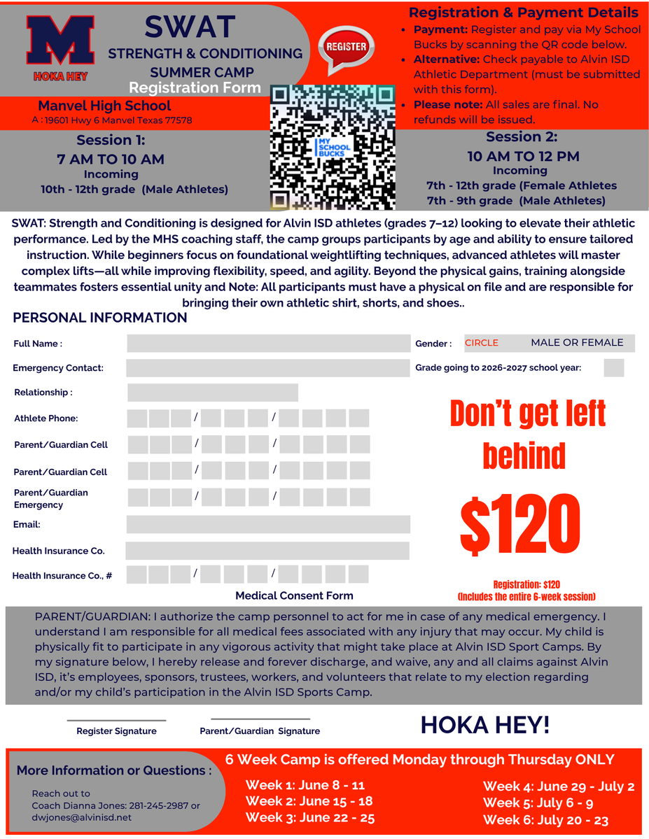 HokaHeyFootball's tweet image. The blueprint for a championship season starts here.  Register today for the SWAT summer camp and elevate your game!
@AlvinISD
@CoachKirkMartin
@ManvelHSabc 
@ManvelJH 
@RodeoPalms  
@AlvinISDAth
@ManvelHSabc
#recruitmanvel #family #LetsGo
