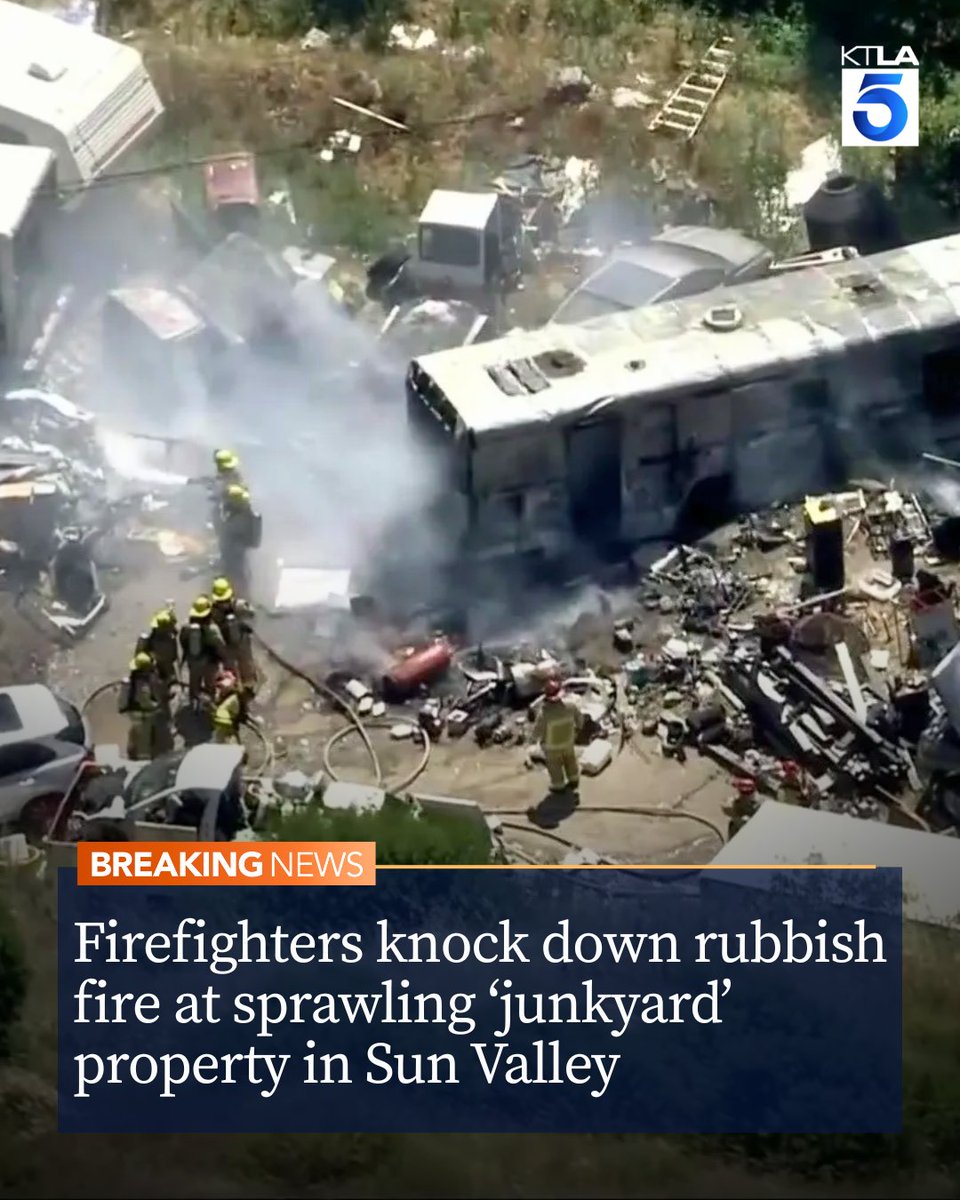 KTLA's tweet image. #BreakingNews: Firefighters were on the scene of a rubbish fire on the sprawling property of a home in Sun Valley Friday afternoon that has been described as a “junkyard.” ktla.com/news/local-new…