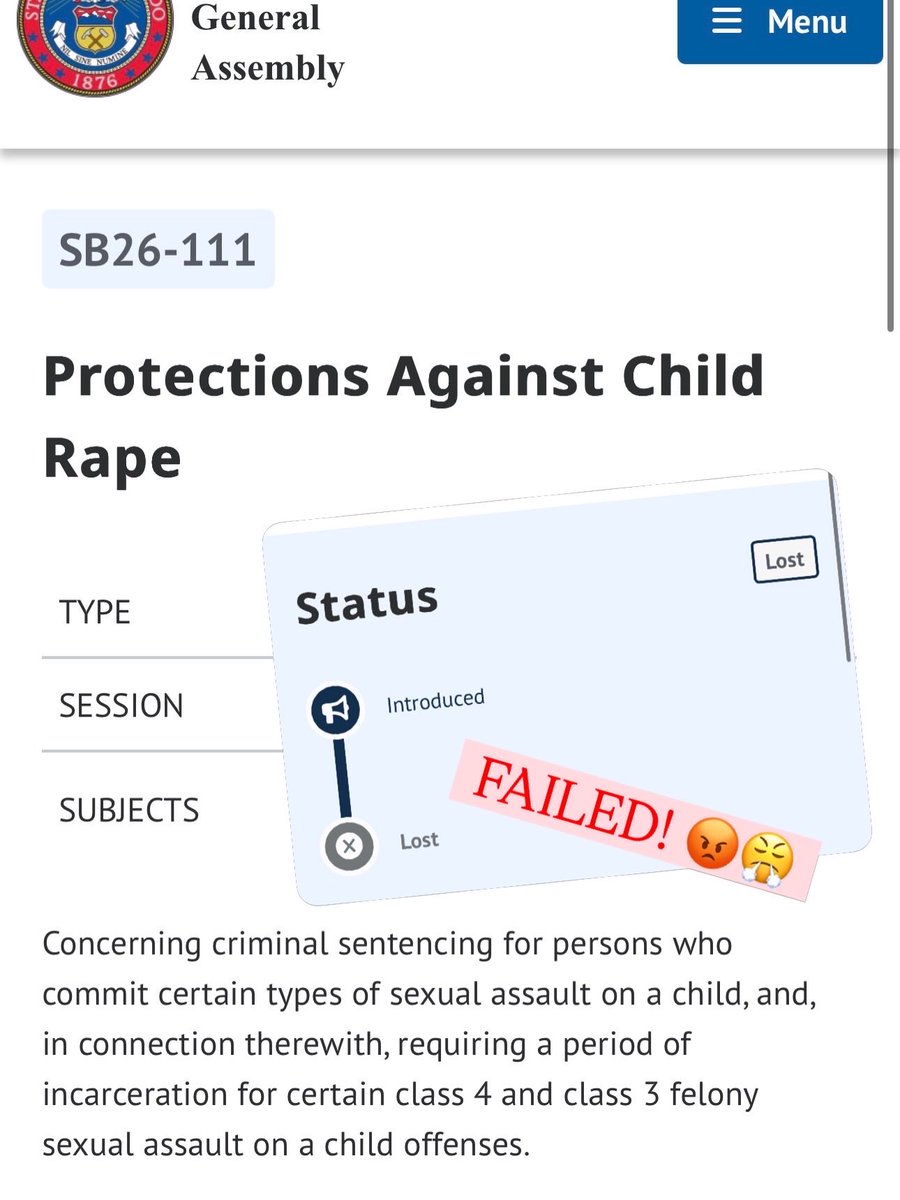 dobetterdnvr's tweet image. Colorado progressives killed SB26-111, the bill that would have REQUIRED prison time (instead of probation) for adults convicted of sexually assaulting children.

For the third year in a row, Senate Judiciary Democrats blocked protections against child rape.

The four who voted
