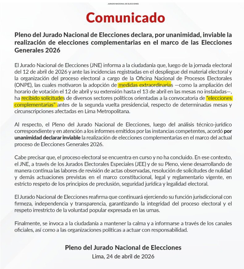 🚨 Señores miembros del pleno del <a href="/JNE_Peru/">JNE Perú</a> a nuestro pedido nulidad y elecciones complementarias en Lima originó el Expediente 2026-0054042 que debe ser resuelto mediante #Resolución NO vía #Comunicado. Cuidado con una acusación constitucional 👀👇