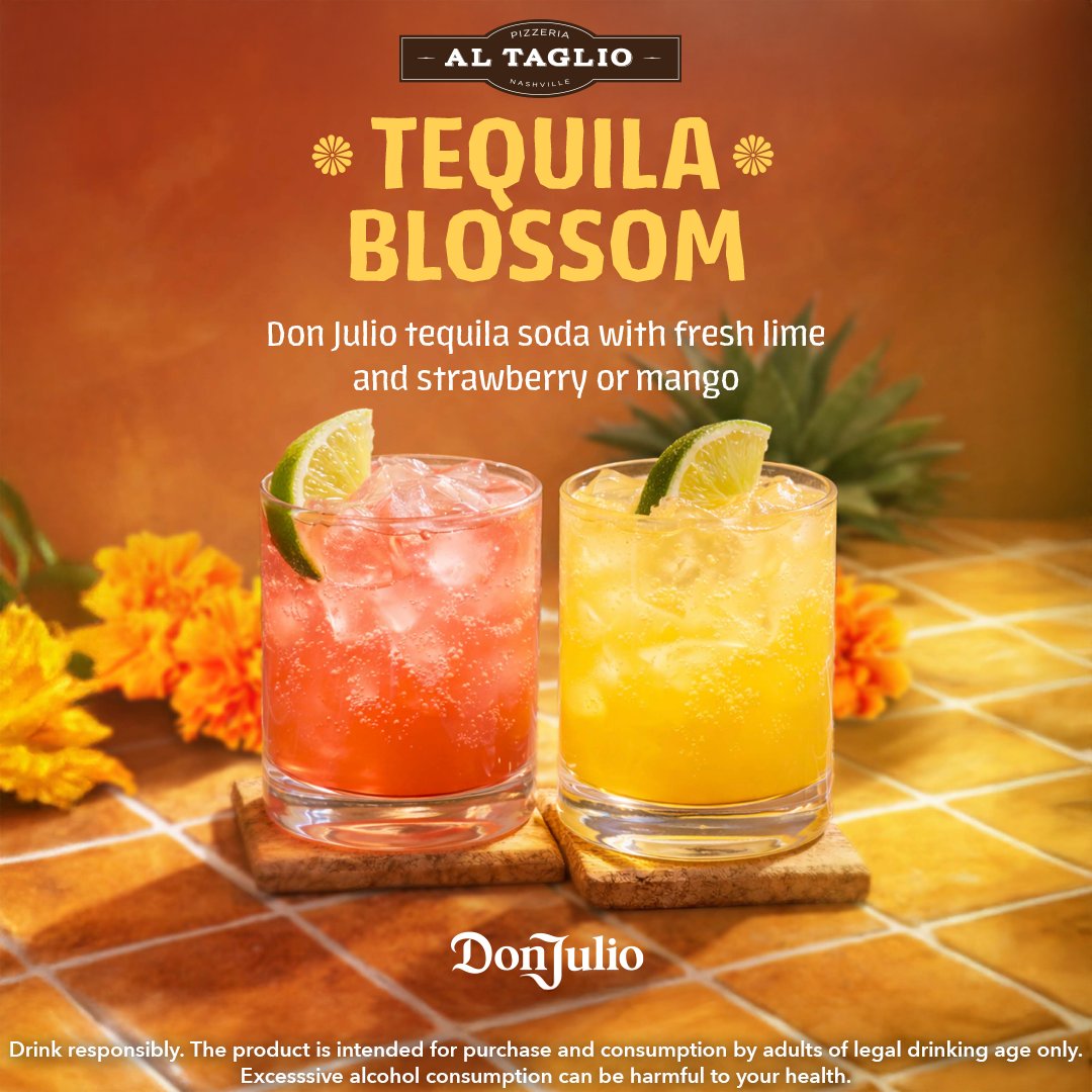 musiccitycenter's tweet image. May flowers are here! 🌸🍹 Al Taglio is now serving the Tequila Blossom – made with smooth Don Julio, crisp soda, a splash of lime, &amp;amp; your choice of strawberry or mango. Light, refreshing, &amp;amp; here for a limited time only. 🌞✨ #DowntownNashville #Cocktail #Cheers #DrinkResponsibly