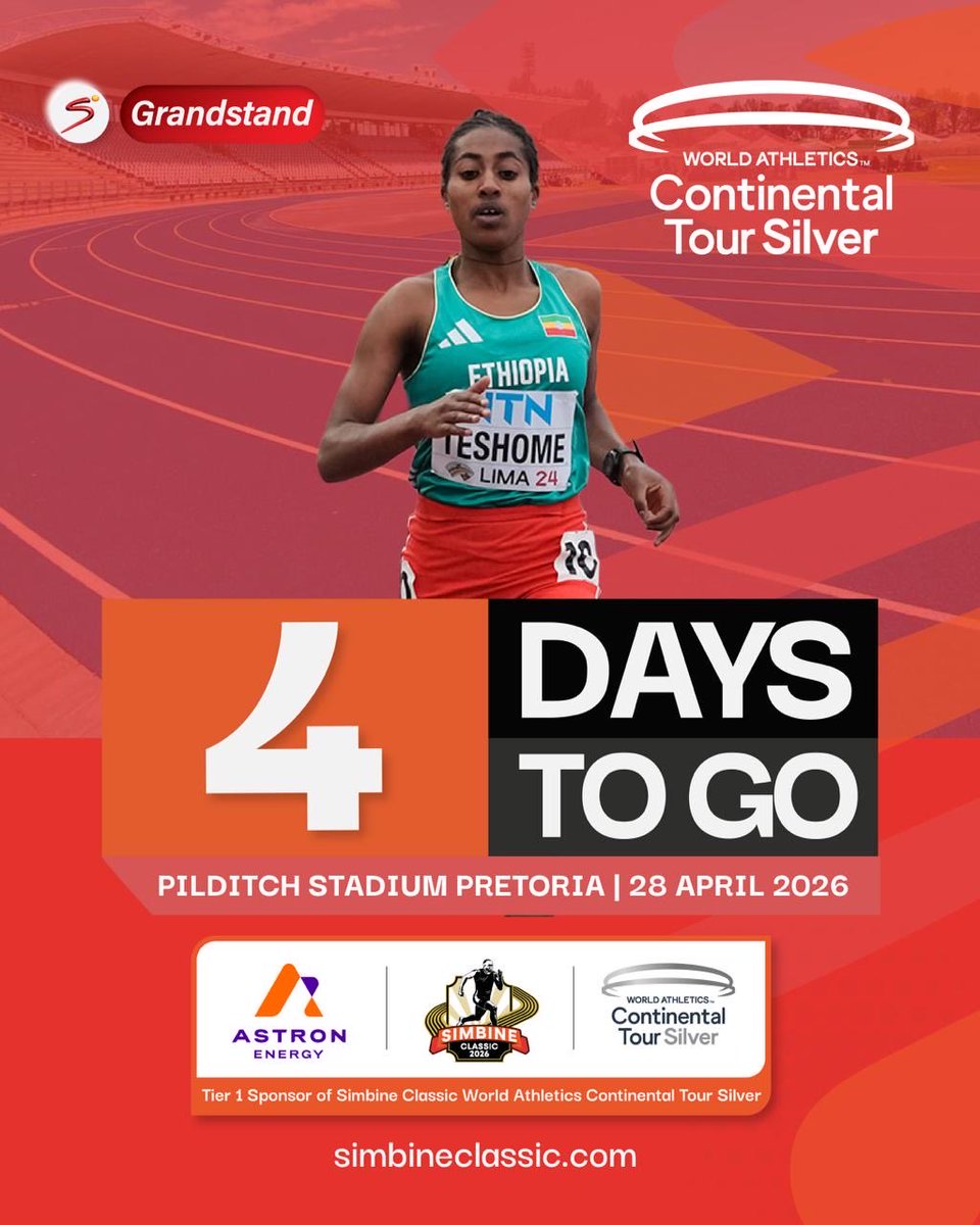 SimbineClassic's tweet photo. 4 DAYS TO GO!!🚀 w/ @tsige_teshome

FOUR DAYS TO GO till the Simbine Classic World Athletics Continental Tour Silver 🇿🇦 28 April 2026 🔥

BUY TICKET NOW:
https://t.co/cWUULOOhZe 🔗 https://t.co/OS0f0F7wxS 

📸 Getty Images 

#SimbineClassicContinentalTour #TrackandField Mmmm https://t.co/f9D2a1dZMB