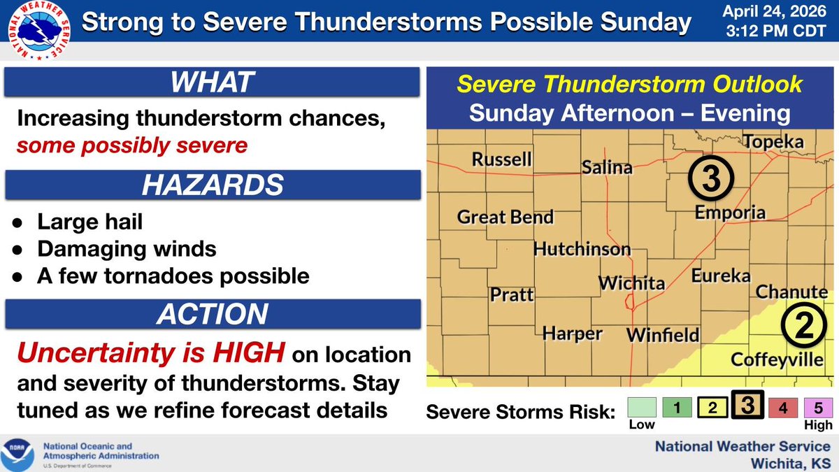 The potential for strong to severe thunderstorms is expected to increase Saturday and Sunday across the region. Uncertainty remains high though on the location and severity of storms, as low clouds may limit instability. Stay tuned as we refine forecast details. #kswx