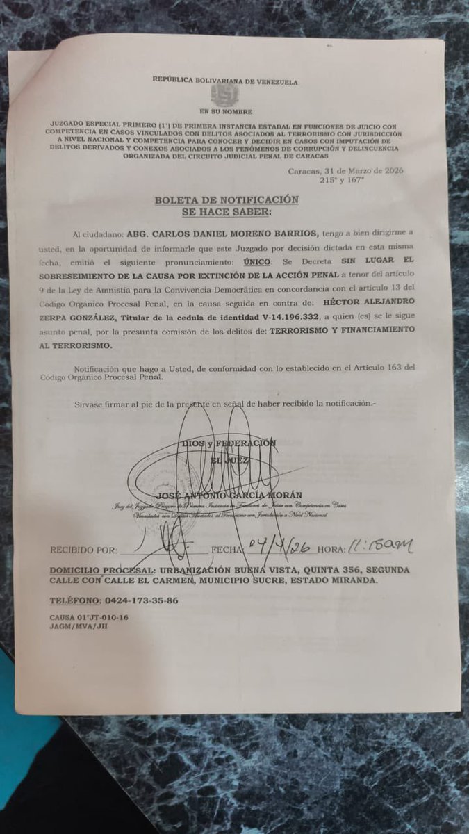 Negada la Amnistía al perseguido político Héctor Alejandro Zerpa González, por el Tribunal 1 de Juicio de Terrorismo, hacemos un llamado a la Comisión Especial de la AN a revertir esta situación. #DDHH