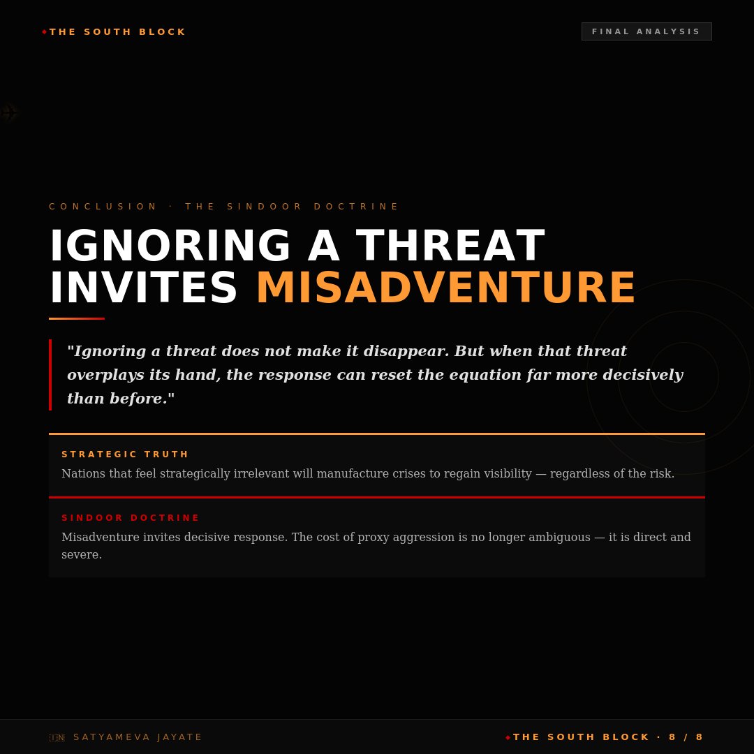 MeridianMeld's tweet image. 📌 Final: The Sindoor Doctrine
"Threat ko ignore karne se woh khatam nahi hota.
Lekin jab woh threat overplay karta hai 
response equation permanently reset kar deta hai.

🇮🇳 Satyameva Jayate
#SindoorDoctrine #OperationSindoor  #BharatFirst #IndianArmy