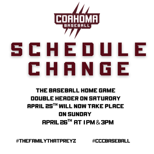 CoahomaSports's tweet photo. π¨ Schedule Update π¨
#CCCBaseball | Due to potential weather on April 24, Saturdayβs baseball game vs. Meridian CC has been moved to Sunday, April 26.
Make plans to come out and support your Tigers! π
βΎοΈ
#coahomaproud #thefamilythatpreyz https://t.co/WskqbQ9ulp