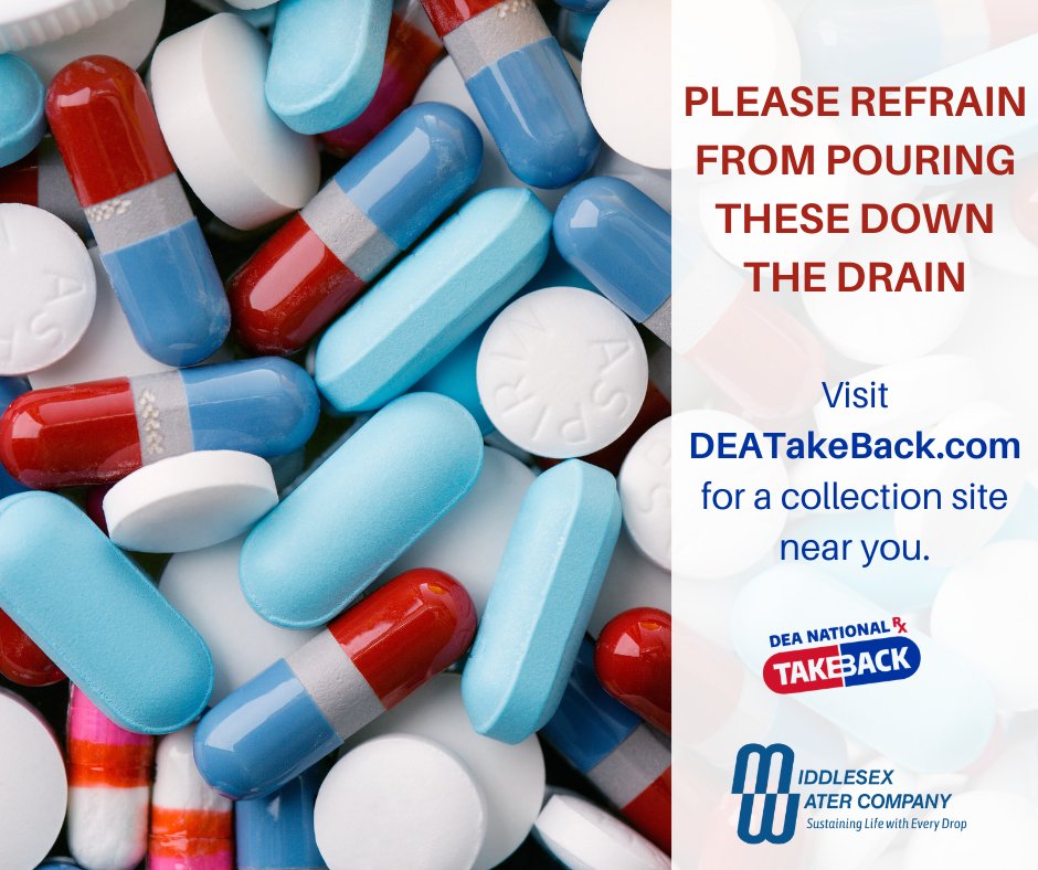 MiddlesexWater's tweet photo. Today is DEA’s National Take Back Day! Don’t dispose of unused prescription medications down the drain! Help keep our water resources pure and protect the public’s health. Find your closest collection site by visiting https://t.co/PmT9m97FQC https://t.co/U1TIfRWZDW