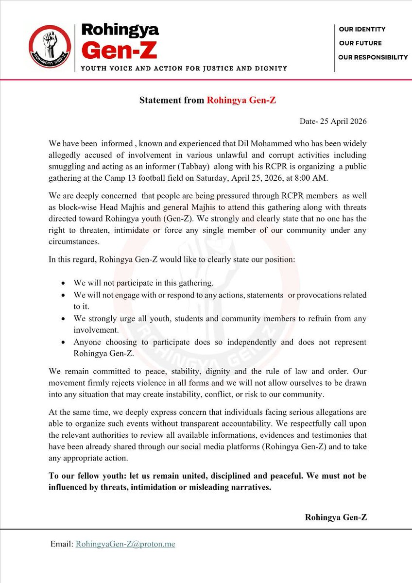 RoGenz46's tweet photo. Statement From Rohingya Gen-Z 

- We stand firm for justice, dignity and truth.
- No one has the right to threaten, intimidate or force our community.
- Rohingya Gen-Z remains committed to peace, unity and accountability.
- Let us stay disciplined, aware and not be misled. https://t.co/MDf8ZR2AVS