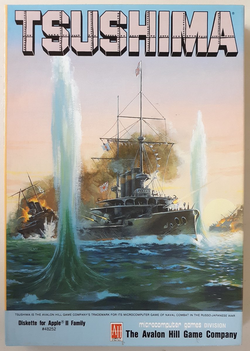 "Tsushima" 1985 Avalon Hill/Microcomputer Games for Apple II. Recreates the naval engagement of the Russo-Japanese War of 1904-1905. Everything is taken into account, speed, maneuverability, armor, number &amp; type of guns, rate of fire, target range, etc. Play time 15 min. to 3 hrs