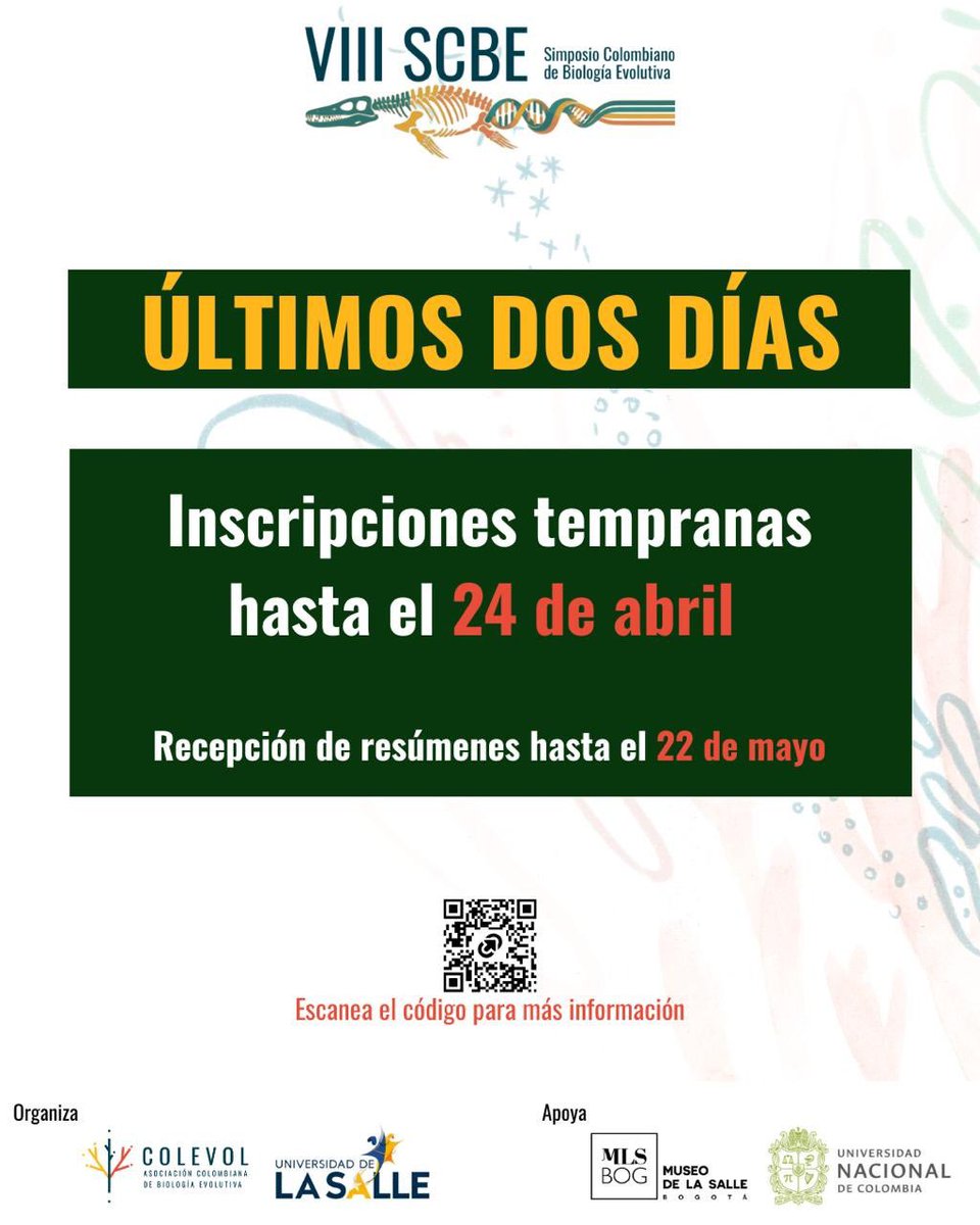 ICNUNAL's tweet photo. Inscripciones a menor costo hasta hoy. ¡Inscríbete! 

VIII Simposio Colombiano de Biología Evolutiva
https://t.co/YpJ3C968jb https://t.co/oMTRuZeGSK