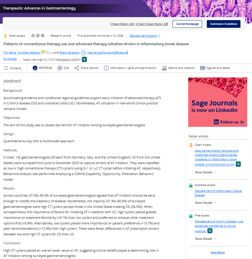 drjkyl's tweet image. Patterns of conventional therapy use and advanced therapy initiation drivers in inflammatory bowel disease
@TAGastroenterol 
@SageJournals 

journals.sagepub.com/doi/10.1177/17…

#IBD #Crohnsdisease #colitis #gastroenterology #openaccess