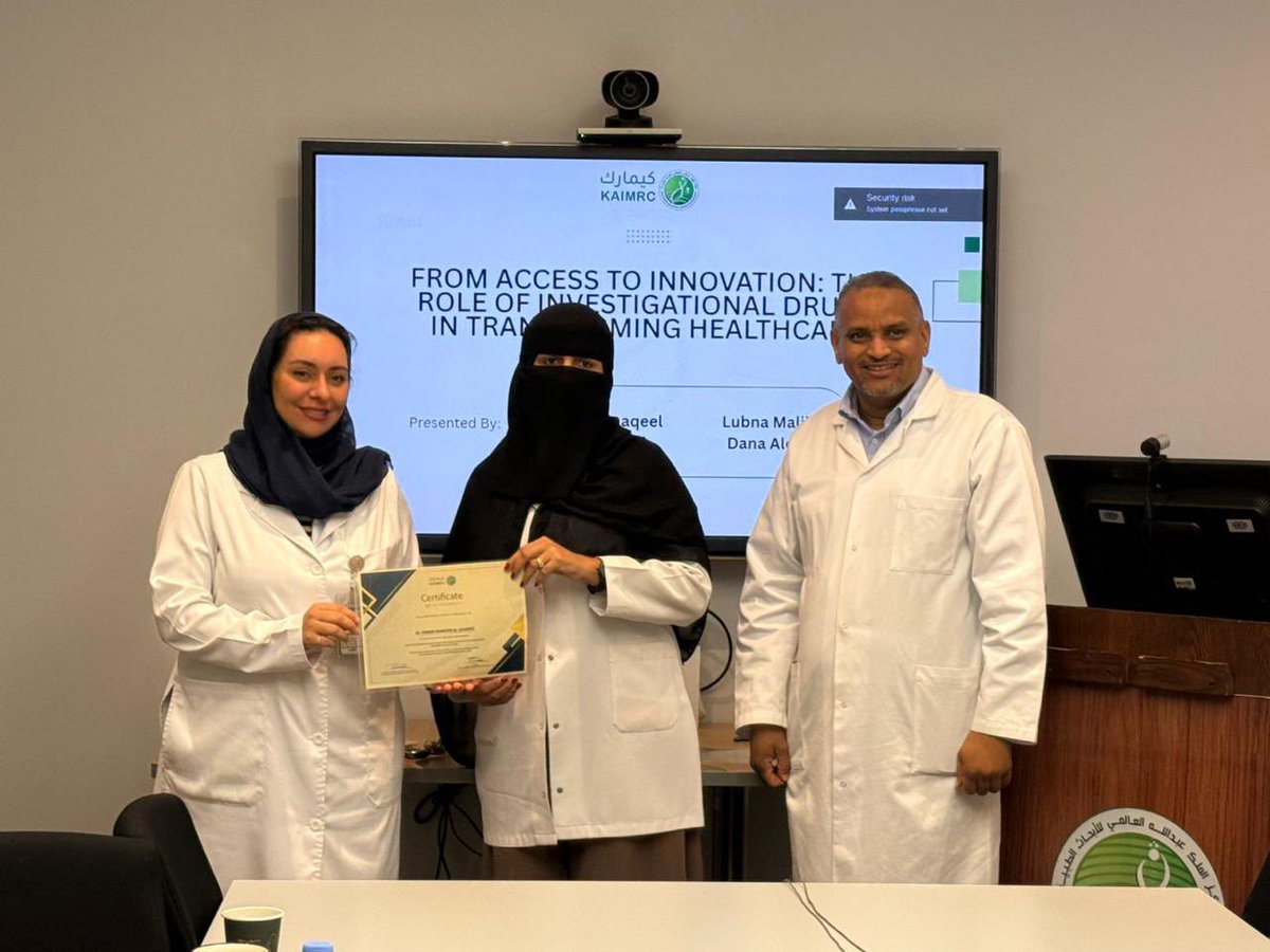 kaimrcEvents_WR's tweet image. In line with Vision 2030, KAIMRC WR delivered the 4th Clinical Research Training under the CTM-WR Unit, focused on Investigational Drug Services for pharmacy interns in collaboration with the Pharmacy Department at MNGHA Jeddah.

#ClinicalTrials #Vision2030 #InvestigationalDrugs