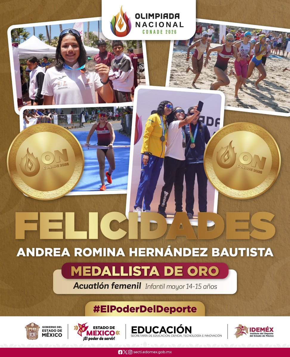 🥇 Felicito a Andrea Hernández quien consiguió la medalla de oro en la #OlimpiadaNacional CONADE 2026, en la disciplina de Acuatlón, demostrando que nunca hay que rendirse hasta lograr los resultados.
Eres un gran ejemplo, Andrea, para todas y todos. Que esta presea sea el inicio