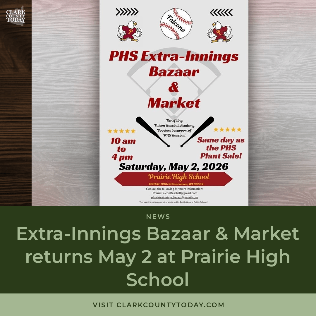 NewsFromCCT's tweet image. Prairie High School hosts inaugural Extra-Innings Bazaar May 2 with dozens of vendors supporting student baseball programs. Free admission, 10 a.m.-4 p.m. clarkcountytoday.com/news/extra-inn… #CommunityEvent #Vancouver