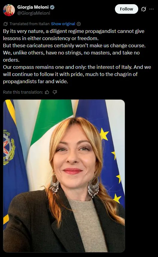 Trump:  “Meloni doesn’t want to help us in this war, she doesn’t want to help us with NATO. ... I thought she had courage, but I was wrong. She’s very different from what I thought.”  

PM Meloni: "We, unlike others, have no strings, no masters, and take no orders."