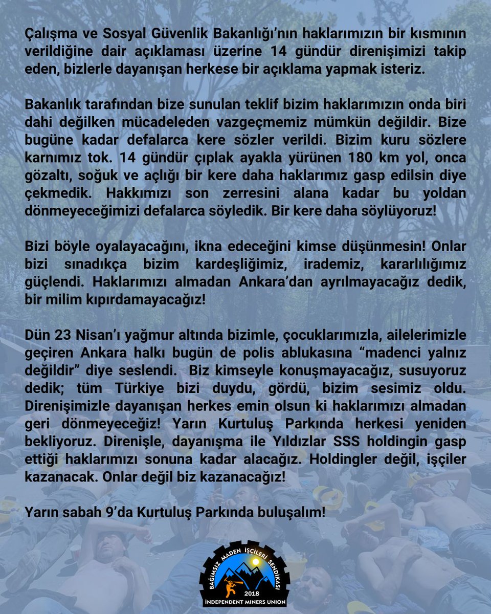 TÜM DOSTLARIMIZA ÇAĞRIMIZDIR! ELDEN ELE ÇAĞRIMIZI YAYGINLAŞTIRALIM!

Direnişle, dayanışma ile Yıldızlar SSS holdingin gasp ettiği haklarımızı sonuna kadar alacağız. Holdingler değil, işçiler kazanacak. Onlar değil biz kazanacağız! 

Yarın sabah 9’da Kurtuluş Parkında buluşalım!