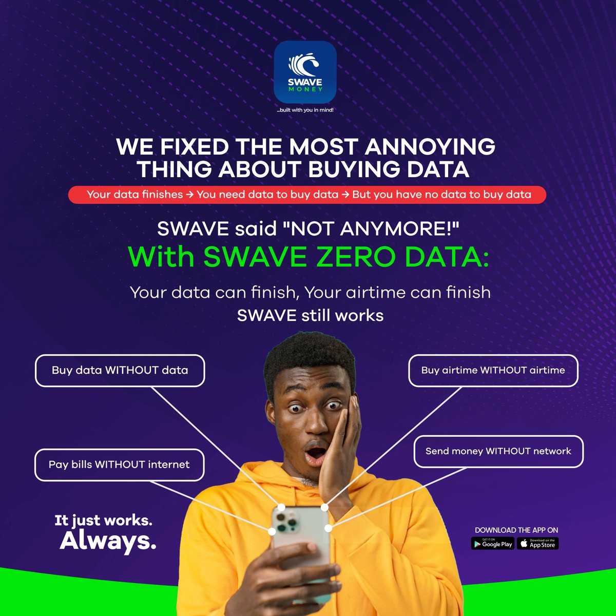swavework's tweet photo. We fixed the most frustrating thing about buying data.

Your data finishes…
You need data to buy data…
But you have no data. 😩

Yeah… that cycle is over.

With SWAVE Zero Data, you’re never stuck again.

No data. No network. It still works. Always. 💙

T's and C's apply.

Download on Play Store/App Store or visit https://t.co/Xs5PbI8Ta9 🚀 📲

#swave #swavemoney #swavemarket #swavewallet #data #buyingcontent