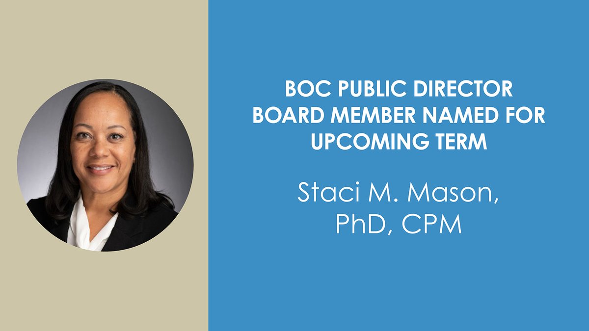 BOCATC's tweet image. The BOC is pleased to announce the appointment of Staci M. Mason, PhD, CPM, as Public Director to the BOC Board of Directors. bit.ly/4mVmkKq #AthleticTrainer #AthleticTrainers #athletictraining #at4all
