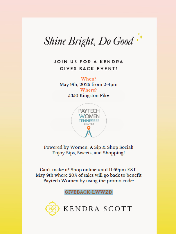 PayTechWomen's tweet image. Join our TN Chapter for a Sip &amp;amp; Shop experience at Kendra Scott, designed to bring our #network together in a fun, relaxed setting.

20% of all proceeds go directly back to our Chapter.

📅 May 9
🕒2 PM ET
RSVP here ➡️: bit.ly/4tApW74

#PTWChapters