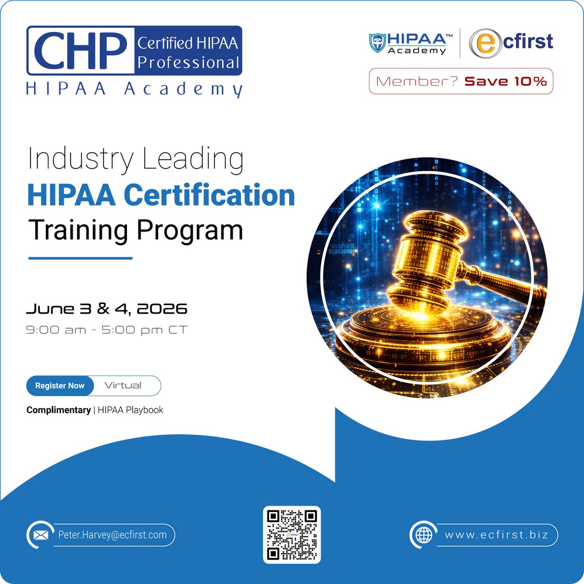 Ready to strengthen your HIPAA expertise?
Join ecfirst for the Certified HIPAA Professional (CHP) training on June 3–4, 2026.
Register: ecfirst.biz/?route=product…
#HIPAA #Compliance
