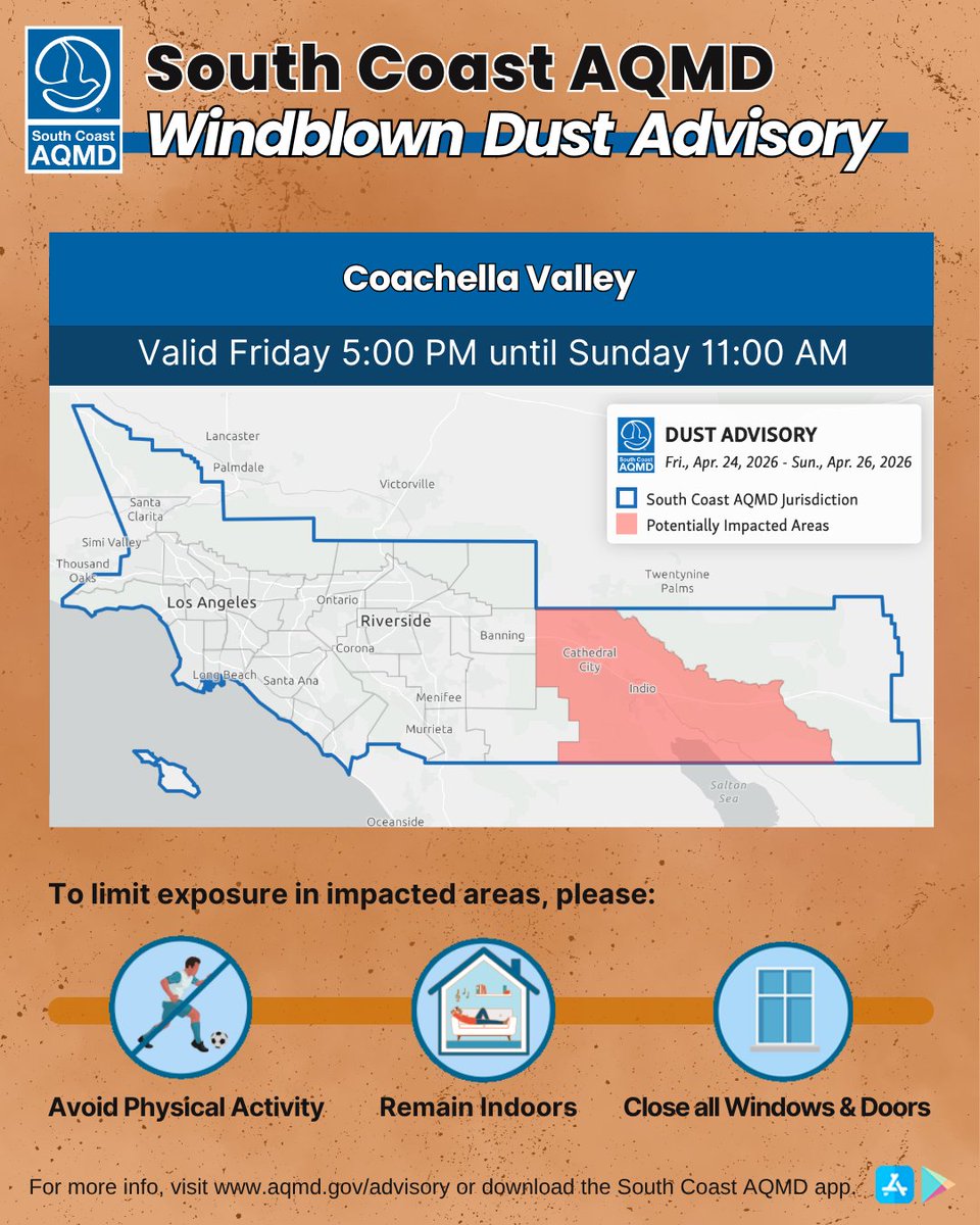 SouthCoastAQMD's tweet image. WINDBLOWN DUST #ADVISORY (Friday, April 24 - Sunday, April 26): 
High winds may result in blowing dust in #Coachella Valley leading to potentially Unhealthy or higher air quality levels: aqmd.gov/advisory