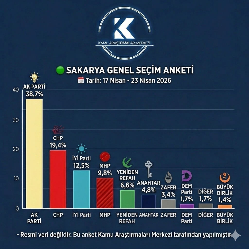 KAMarastirma's tweet photo. 📍SAKARYA GENEL SEÇİM ANKETİ

🗓️17 Nisan-23 Nisan 2026

🟠AK Parti:%38,7
🔴CHP:%19,4
🔵İyi Parti:%12,5
🔴MHP:%9,8
🔴Yeniden Refah:%6,6
🔵Anahtar:%4,8
⚫️Zafer:%3,4
🟢DEM Parti:%1,7
◾️Diğer:%1,7
🔴Büyük Birlik:%1,4

▫️Resmi veri değildir. https://t.co/JFBh3sVhsu