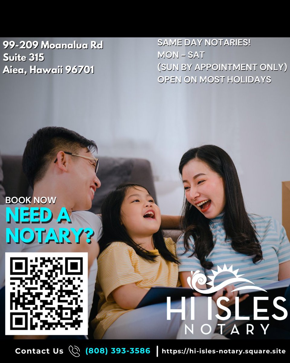 HiIsles's tweet photo. We offer same-day notary services at the Aiea Commercial Center. In-office notarizations only, no mobile or remote services. Call to check availability or set an appointment. Need it done before closing today? Reach out now.

We operate Monday through Saturday (hours differ by day), including most holidays. Please check Google for current hours or call ahead before coming in.

Find us on the 2nd floor in the same building as Sushi Spot. Use the stairs next to Sushi Spot, head to Suite 315 toward the back, directly above HI Pacific Property Management.

Have all documents ready and bring your own witnesses if required, as we do not provide witnesses.

Get directions or book here:
https://t.co/hVu8Vsmg2D