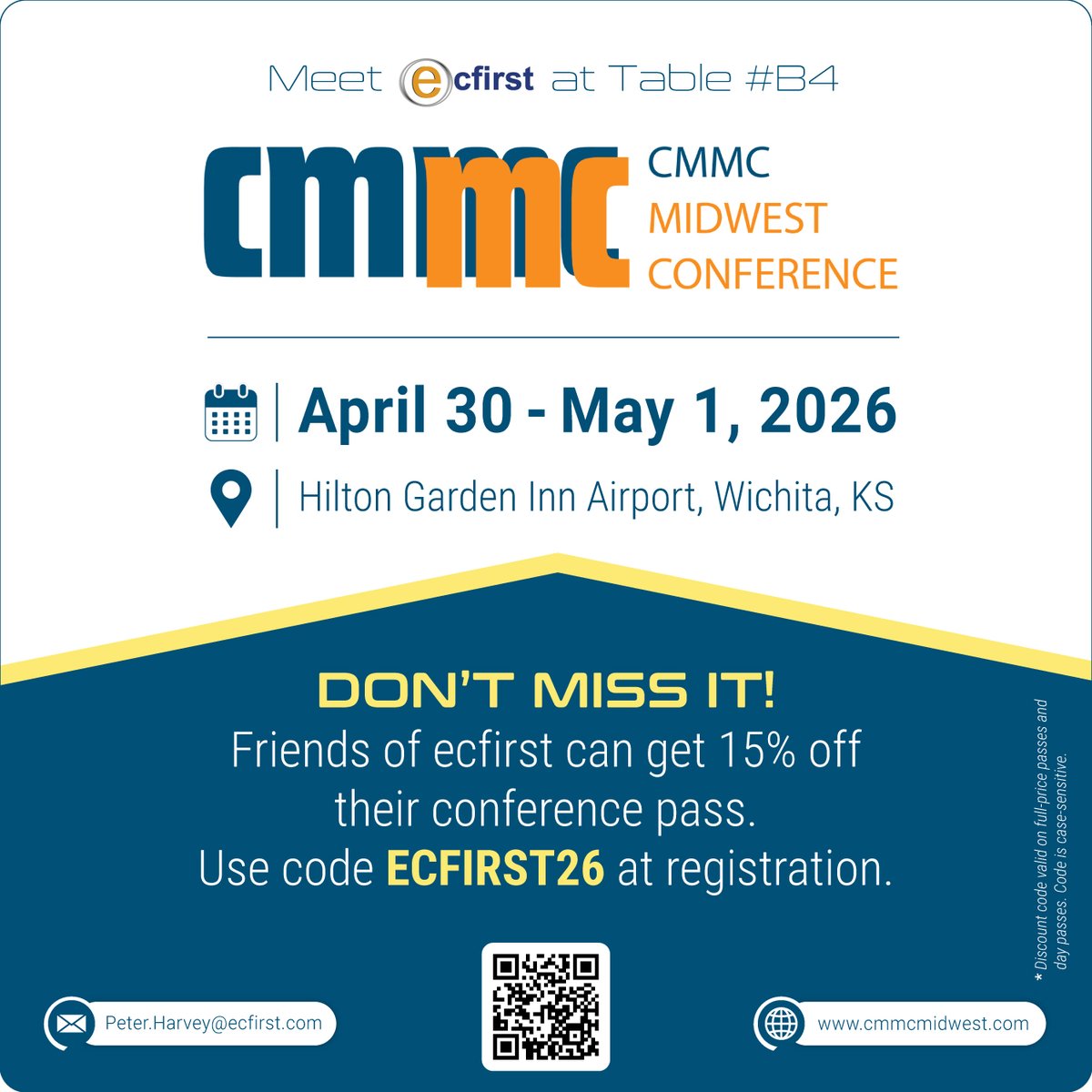 Let’s talk compliance at #CMMCMidwest! Use ECFIRST26 for 15% off and stop at Booth #B4! cmmcmidwest.com