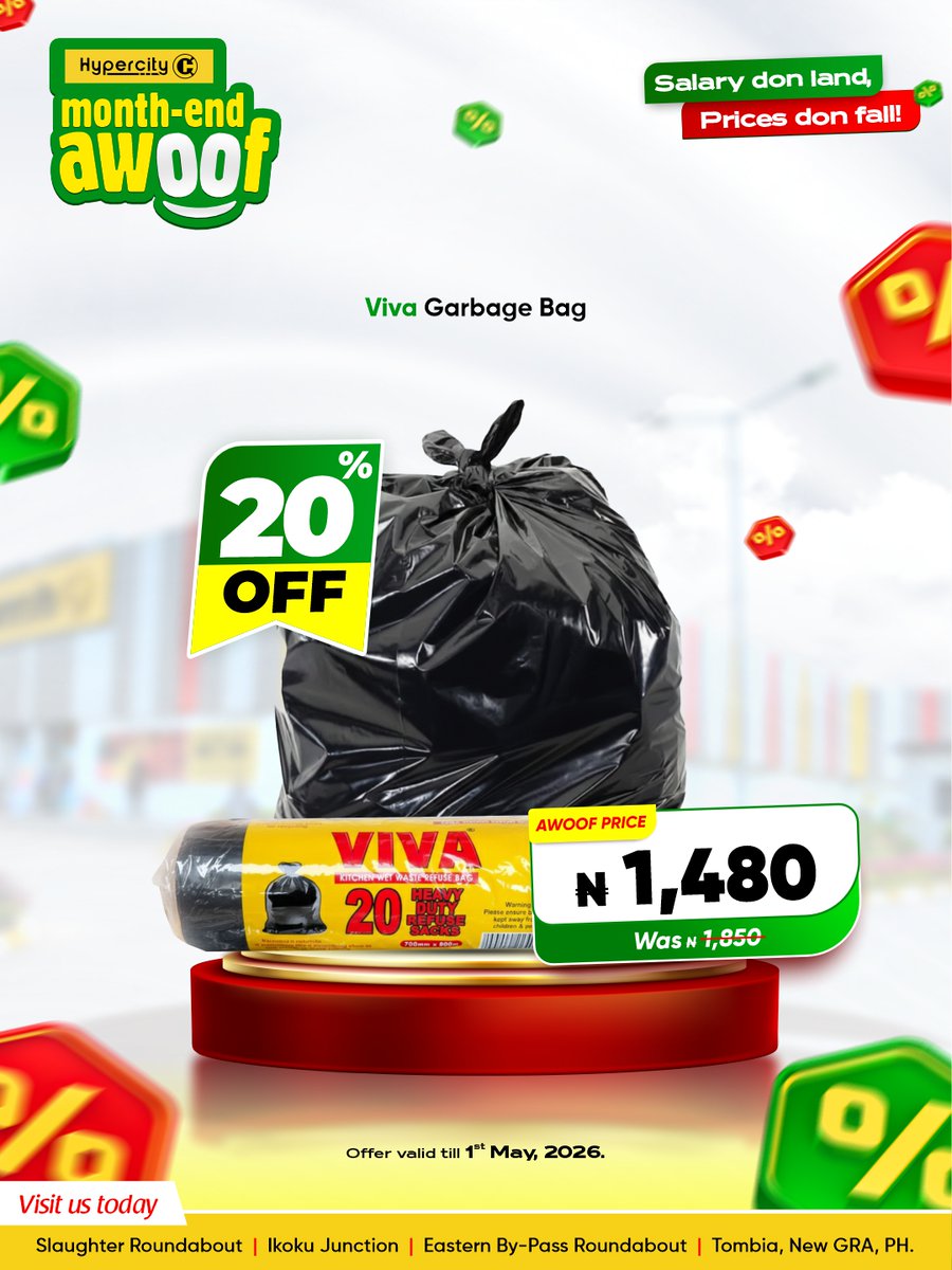 Month-End Awoof is LIVE at HyperCITY 🧼

Aspira Bar Soap — ₦760
Colgate 100g — ₦1,570
Hypo Bleach 1L — ₦2,700
Viva Garbage Bag — ₦1,480 (20% off!)
Benon Luxury Towel — ₦14,260

Fresh home energy only. Ends May 1. 🔥

#MonthEndAwoof 
#PortHarcourt