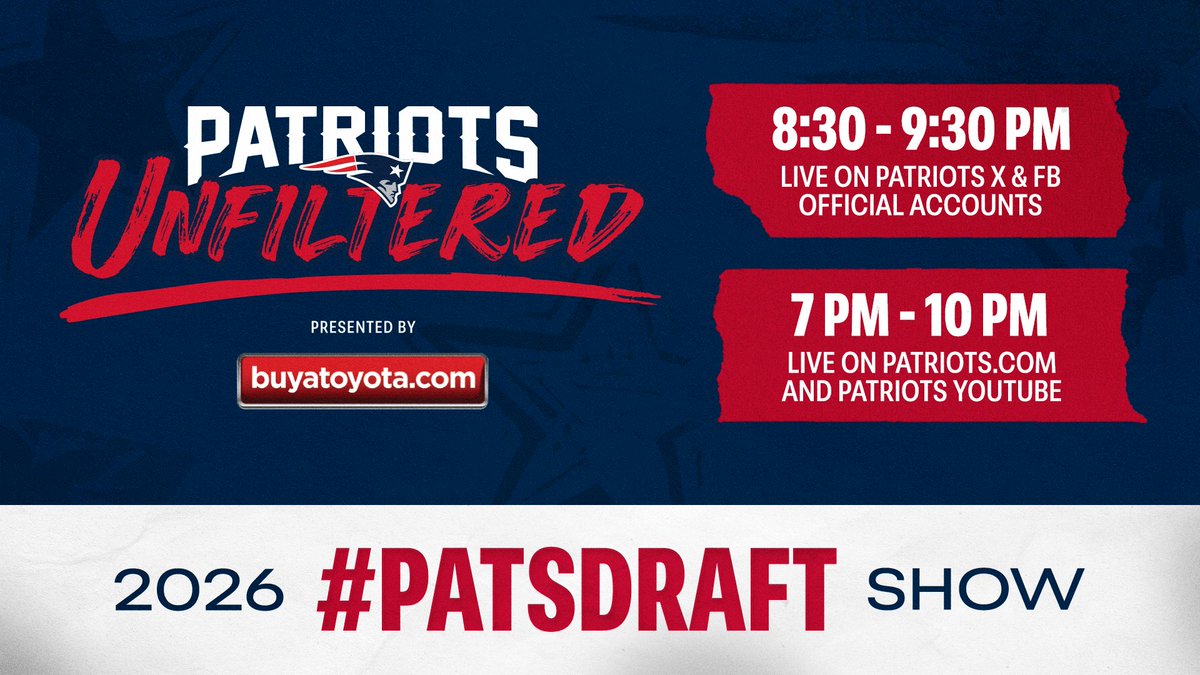 PATRIOTSdotCOM's tweet image. Patriots Unfiltered live draft show kicks off at 7 PM ET with coverage of Day 2 of the 2026 NFL Draft on Patriots.com and Patriots YouTube.