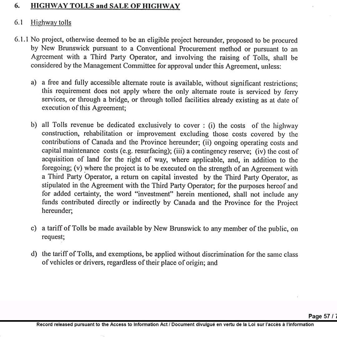 SkinnerLyle's tweet photo. In the more recent 2003 funding agreement for the completion of TransCanada Highway, the federal government allows tolls but they must apply to all drivers regardless of province, and an alternative route be made available. #nbpoli https://t.co/WCwxdfglrE