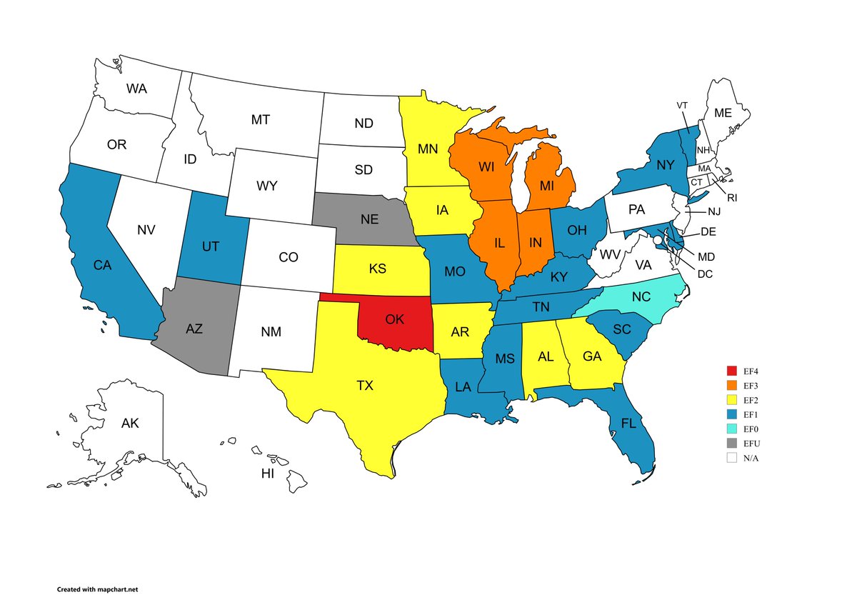lividwx's tweet image. with the Enid, OK tornado being upgraded to EF4, here is a map of the strongest rated tornado in every state so far this year #wxtwitter